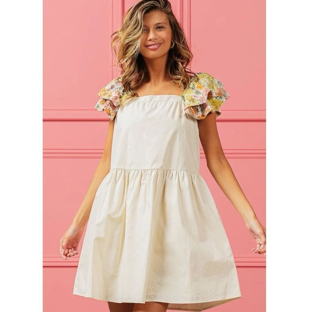 BiBi Floral Print Flutter Sleeve Babydoll Mini Dress Size XL NWT - Picture 3 of 14